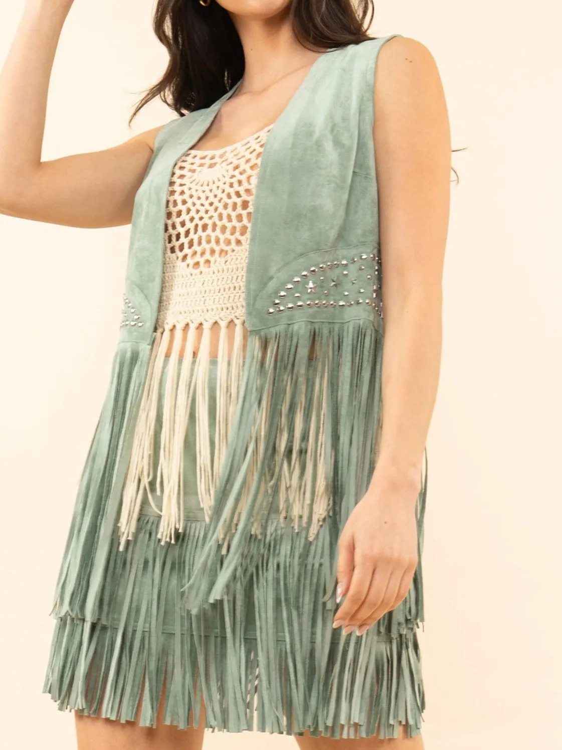 27 Faux Suede Star Stud Fringe Vest