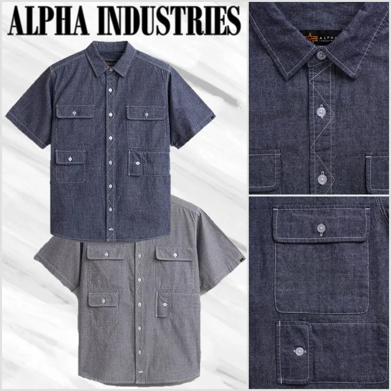 ALPHA INDUSTRIES  |Button-down Street Style Plain Cotton Short Sleeves