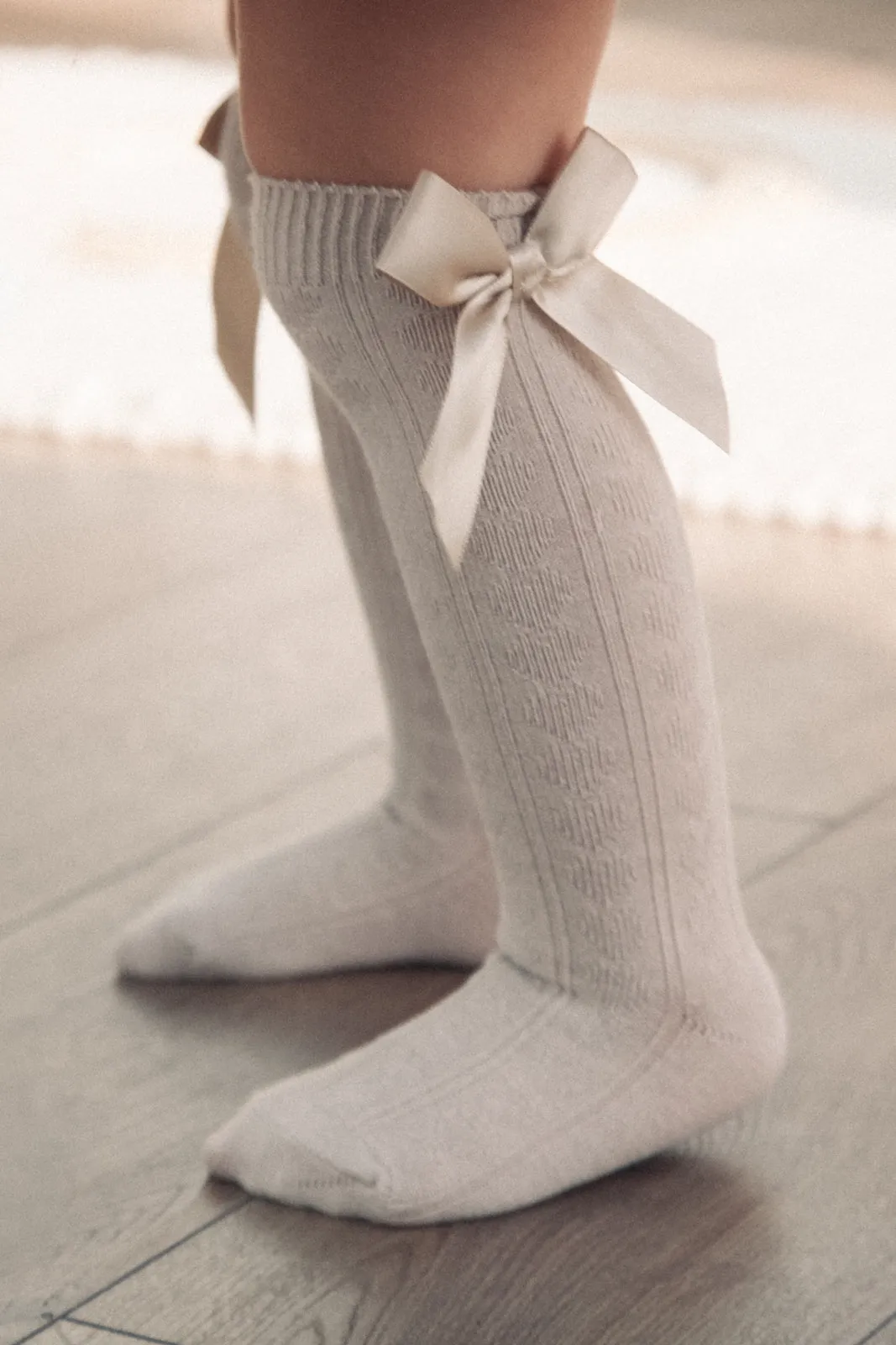 Beige Bow Knee High Socks