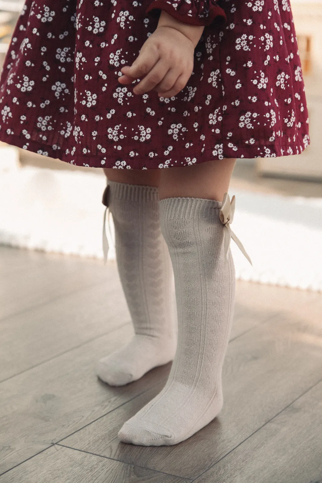 Beige Bow Knee High Socks