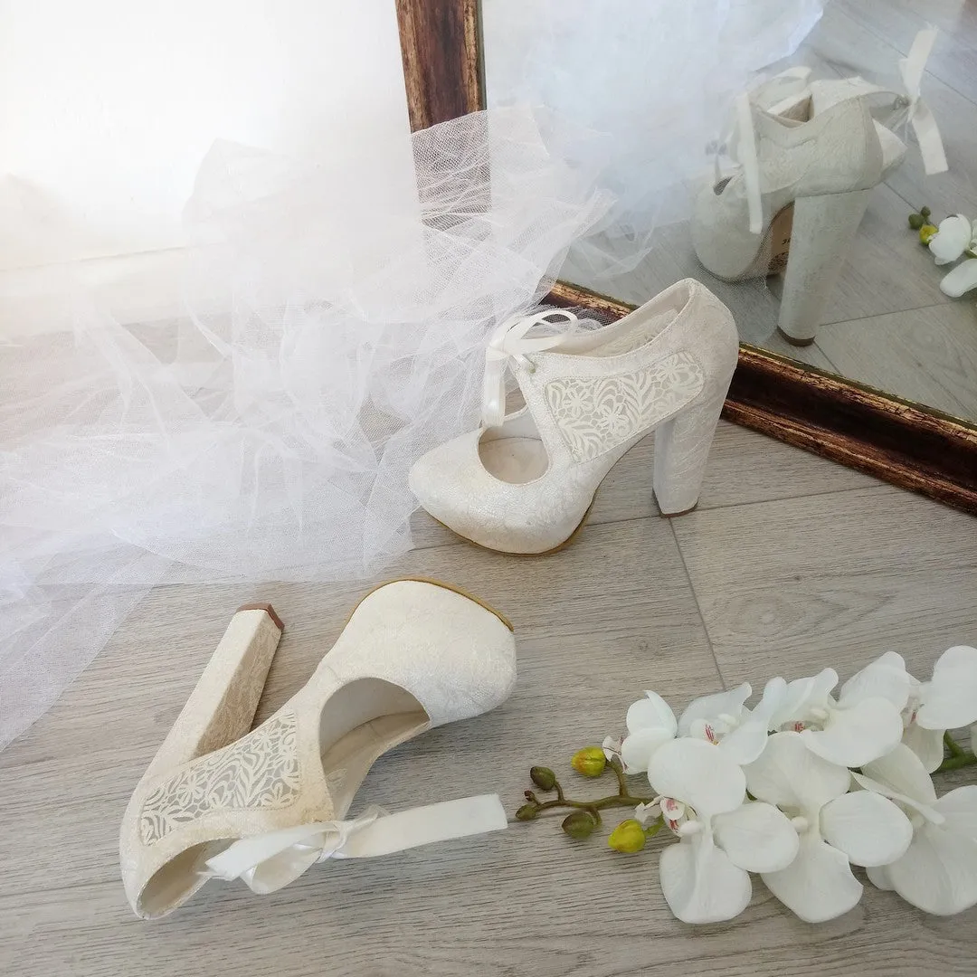 Bridal Lace Chunky Heel Platform Shoes