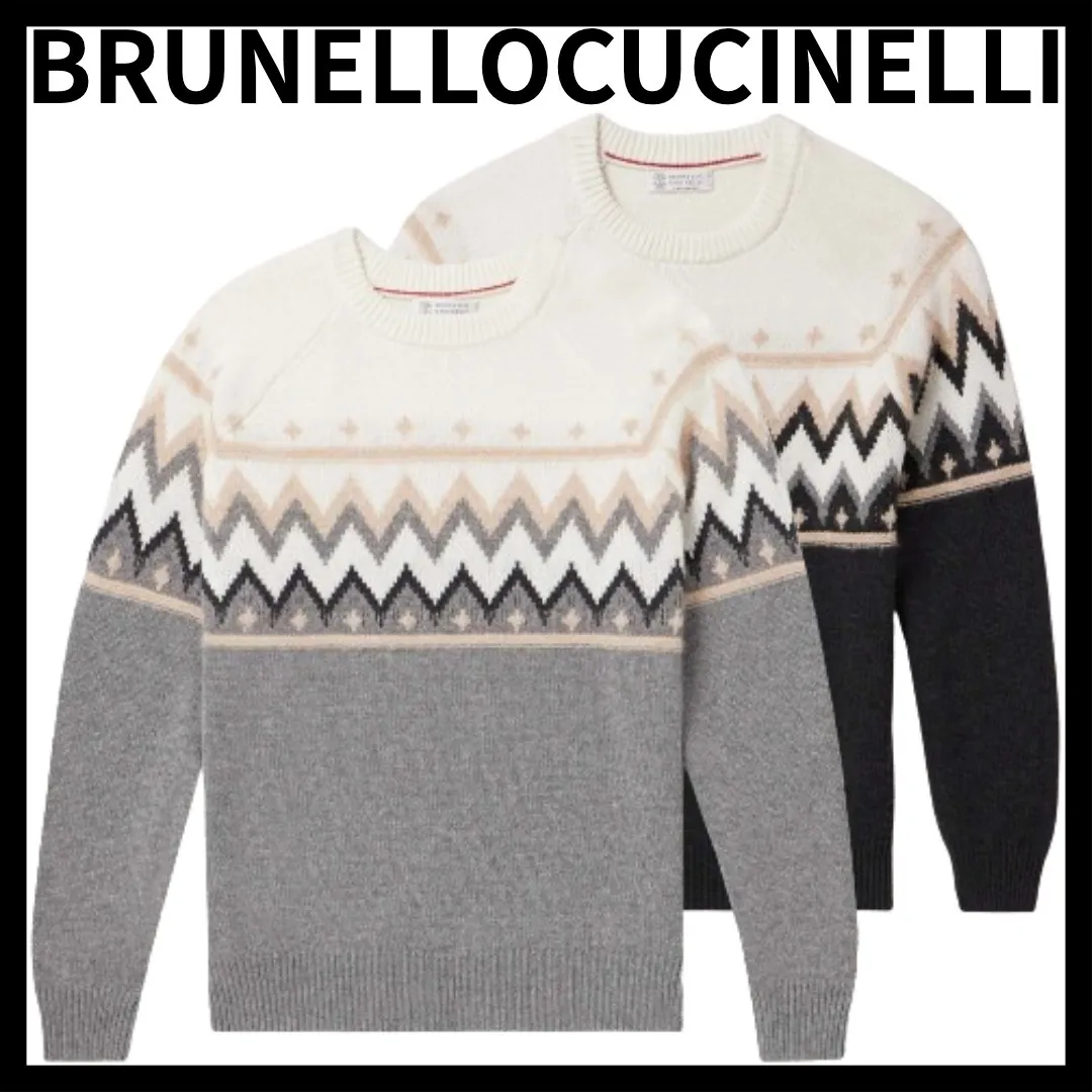 BRUNELLO CUCINELLI  |Crew Neck Cable Knit Argile Stripes Other Plaid Patterns