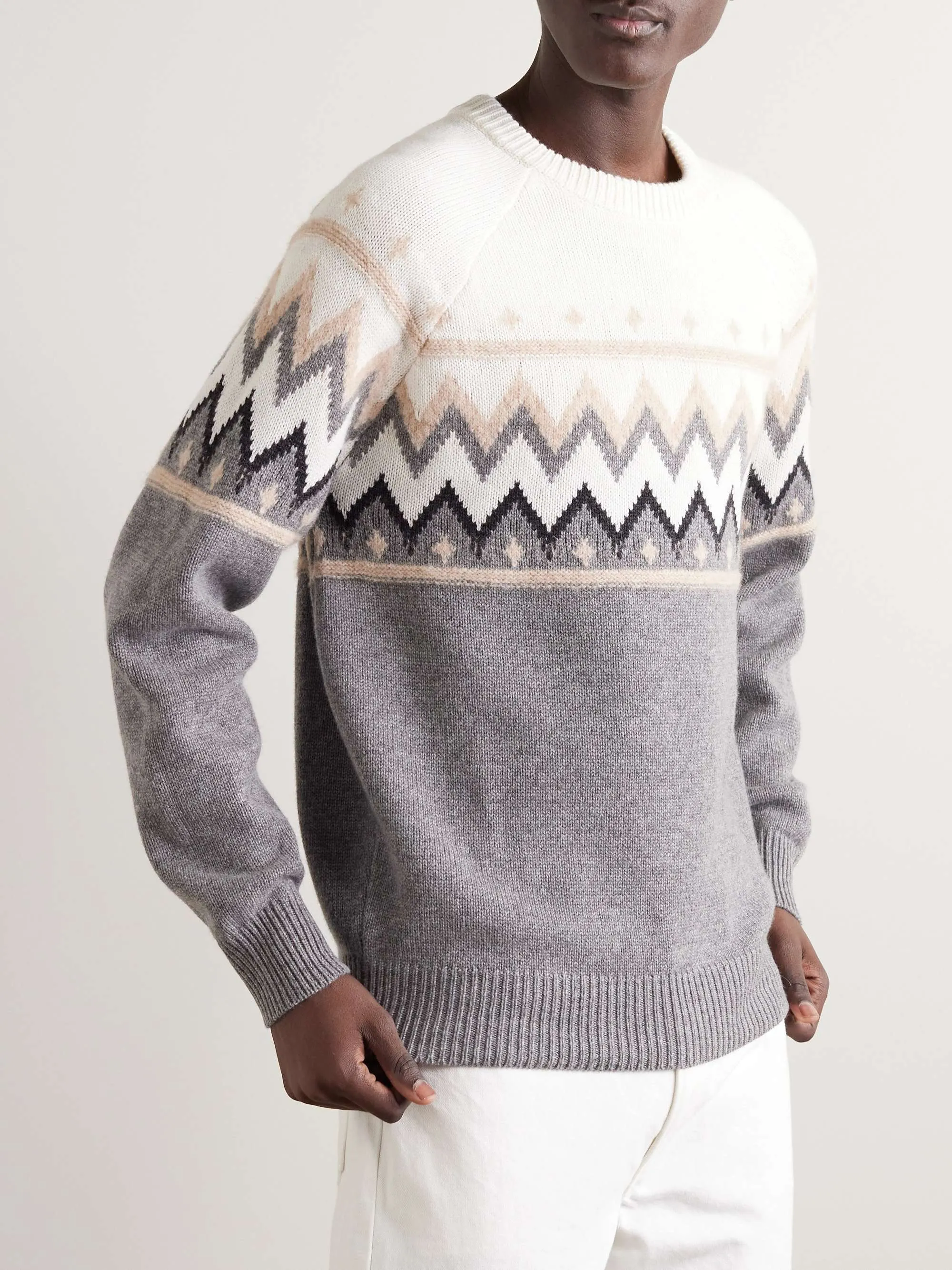 BRUNELLO CUCINELLI  |Crew Neck Cable Knit Argile Stripes Other Plaid Patterns