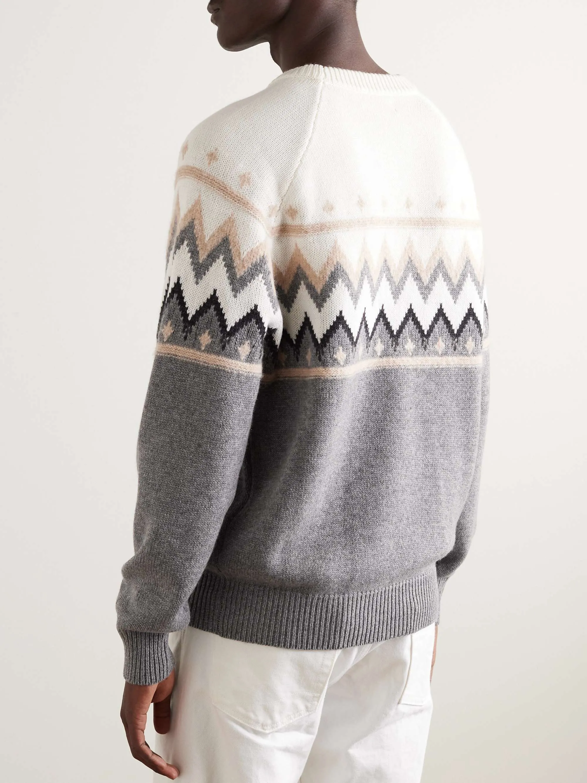 BRUNELLO CUCINELLI  |Crew Neck Cable Knit Argile Stripes Other Plaid Patterns