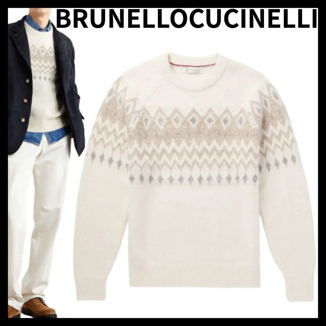 BRUNELLO CUCINELLI  |Crew Neck Cable Knit Argile Stripes Zebra Patterns