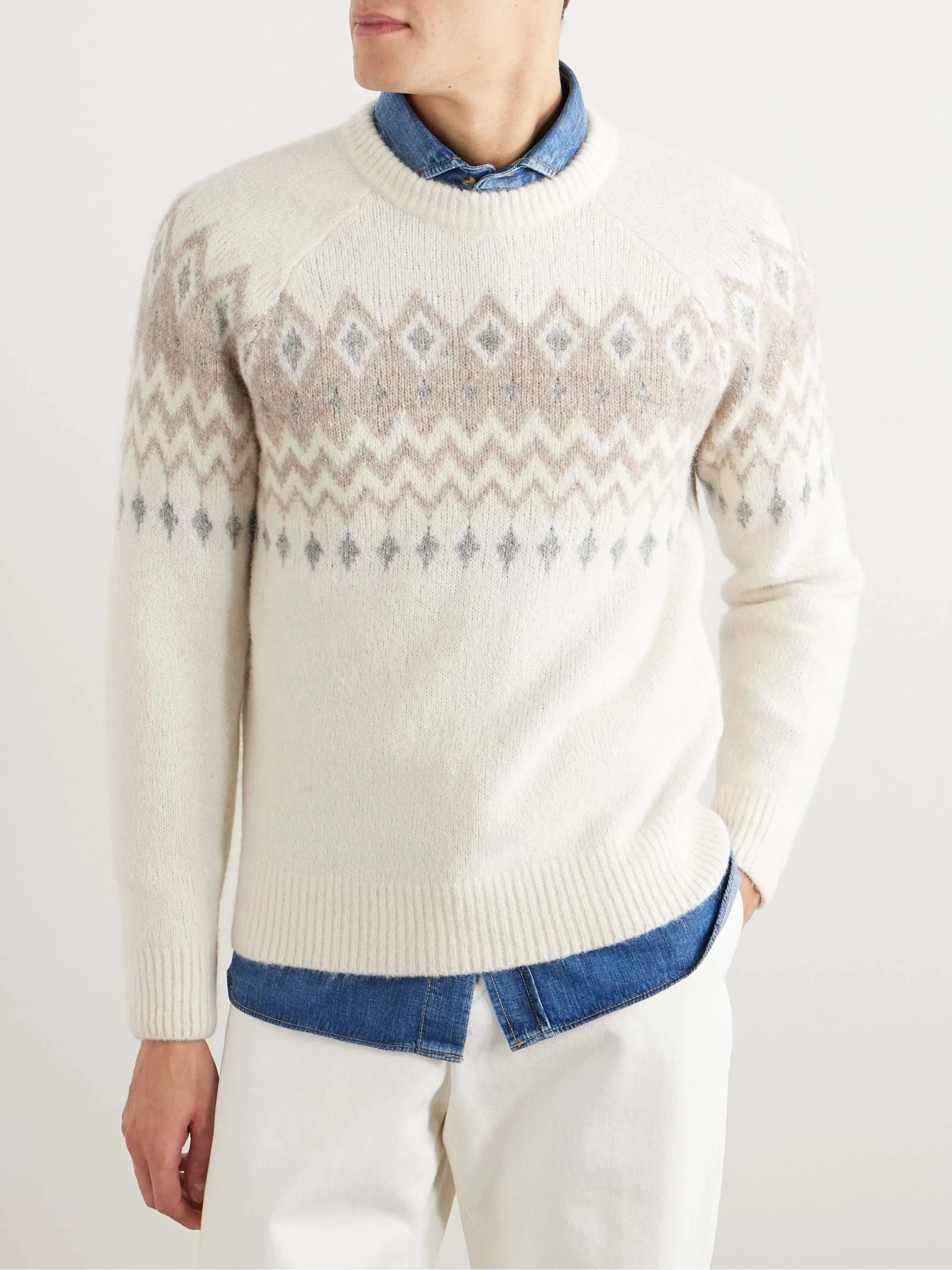 BRUNELLO CUCINELLI  |Crew Neck Cable Knit Argile Stripes Zebra Patterns