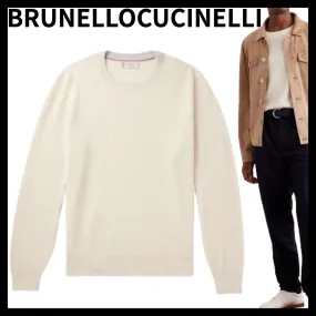 BRUNELLO CUCINELLI  |Crew Neck Cable Knit Stripes Unisex Wool Cashmere Chiffon