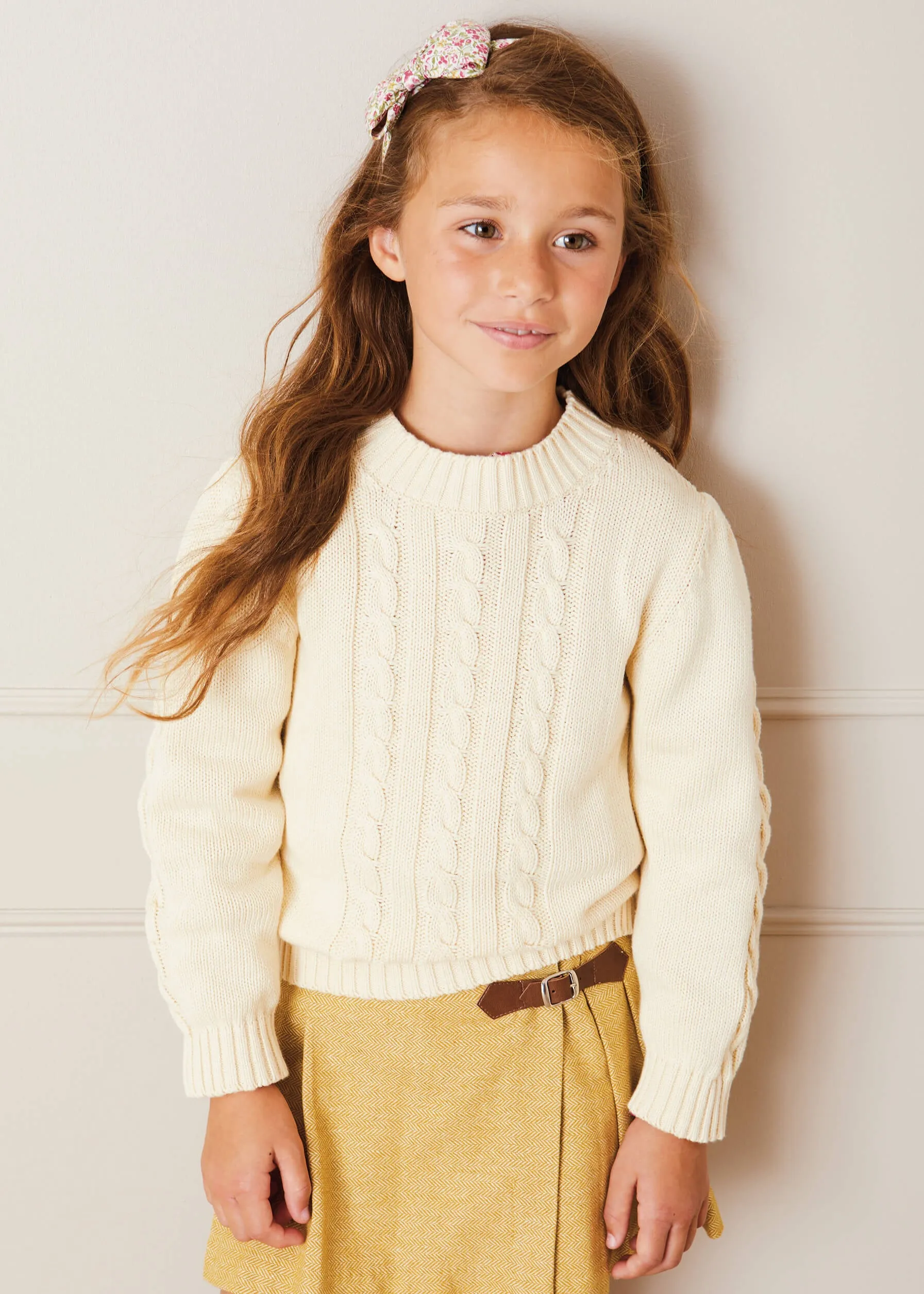 Cable Detail Crew Neck Jumper In Cream (4-10yrs)