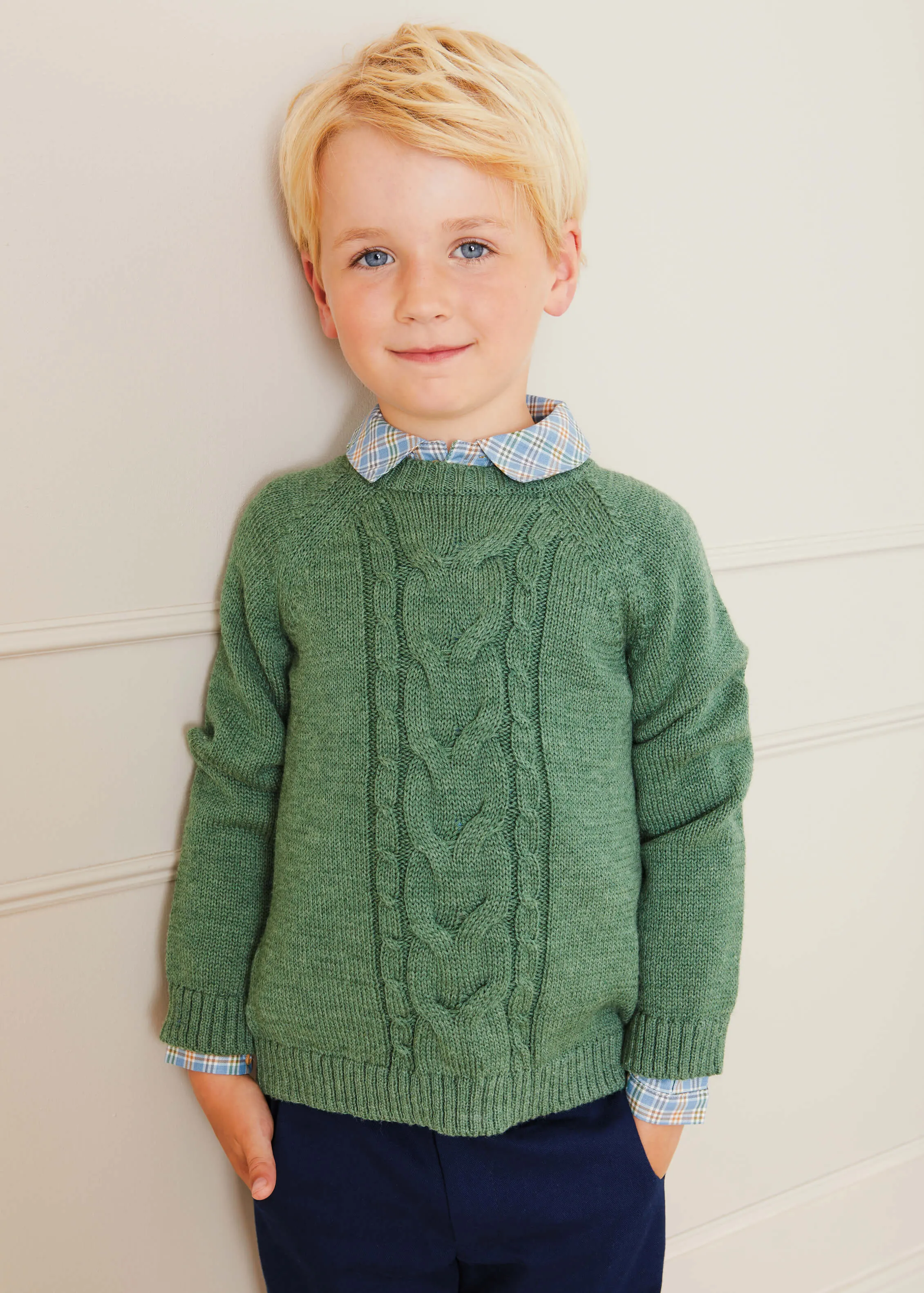 Cable Detail Crew Neck Jumper In Green (4-10yrs)