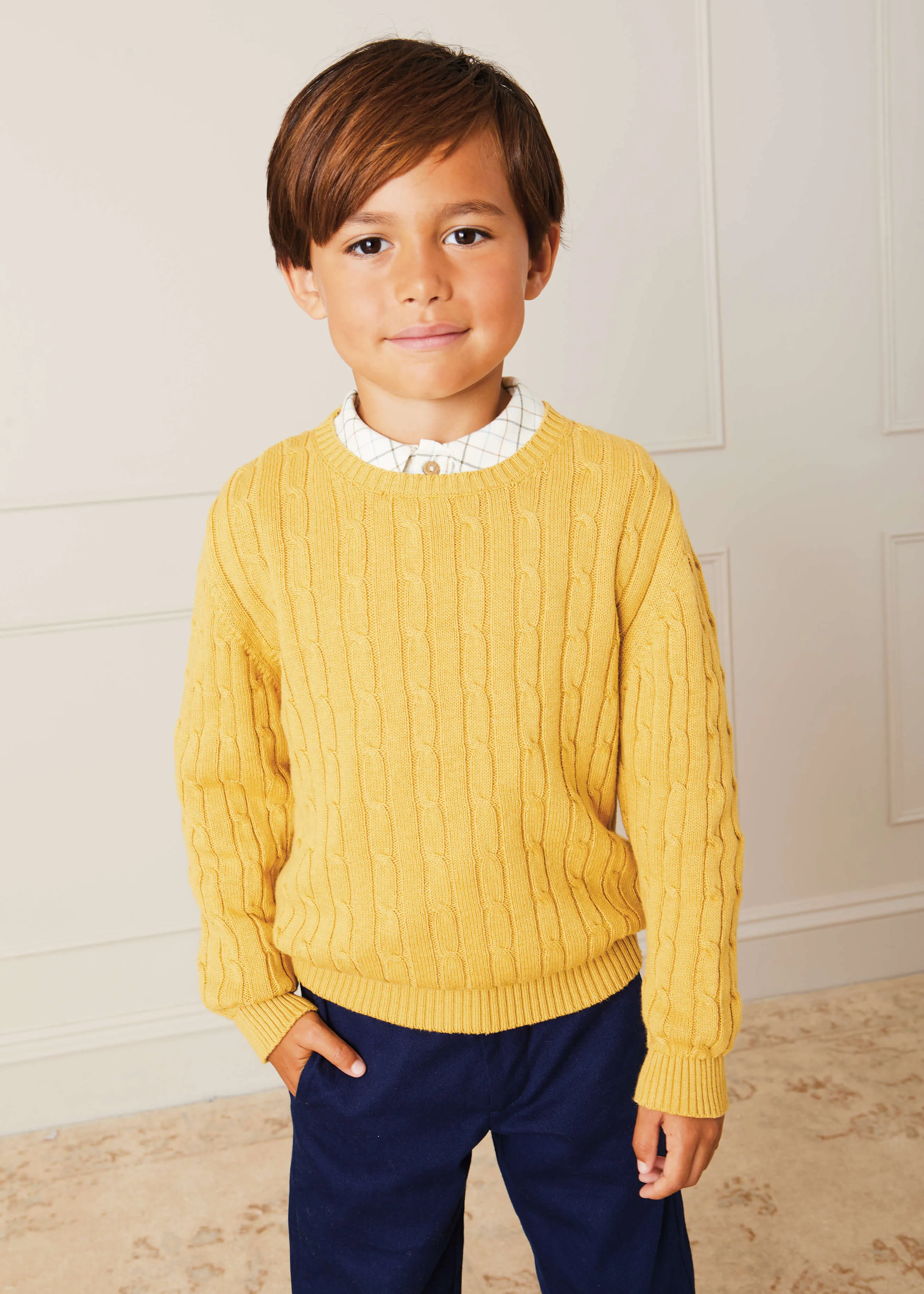 Cable Detail Crew Neck Jumper In Mustard Yellow (2-10yrs)