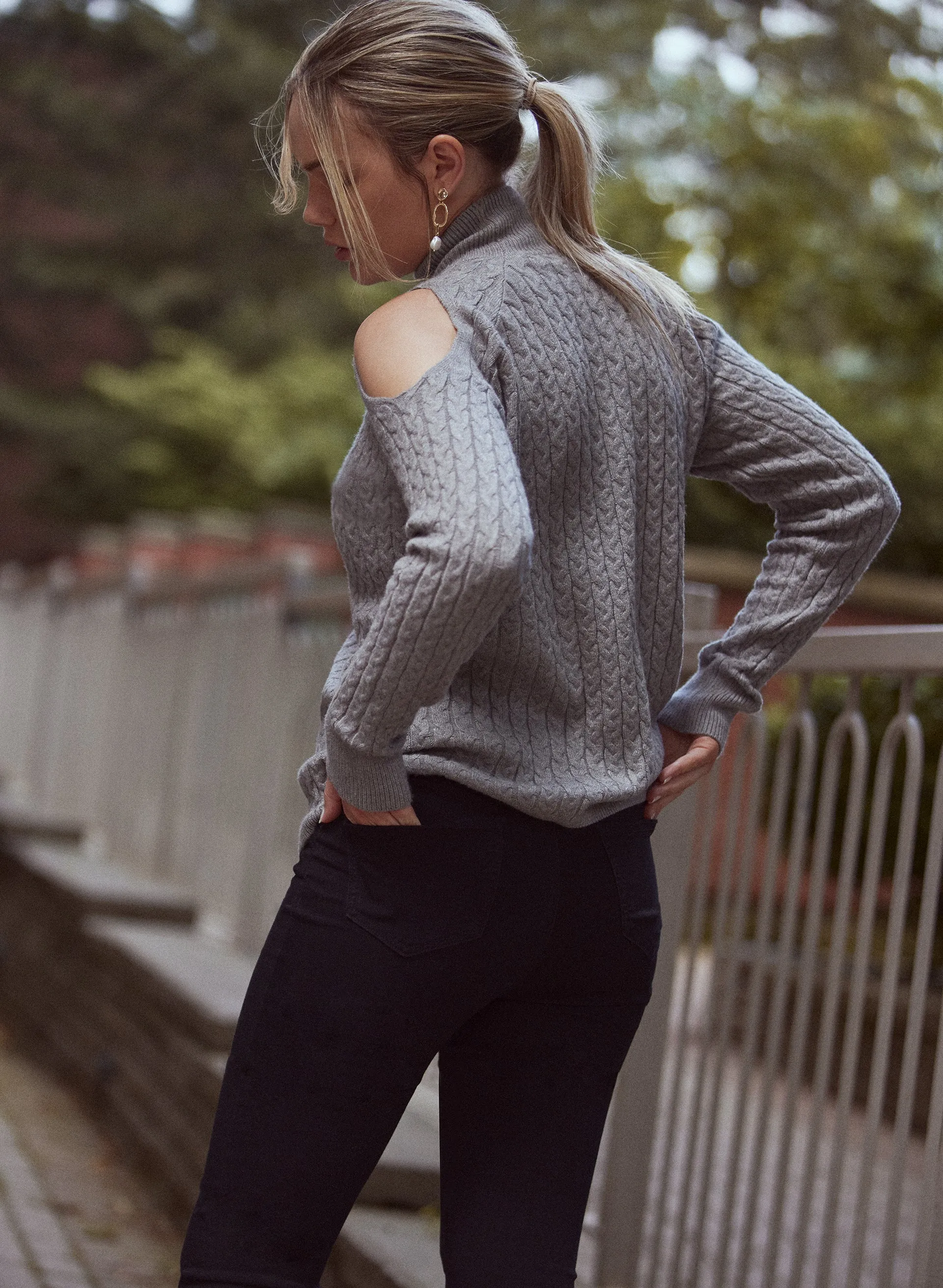 Cold Shoulder Cable Knit Sweater