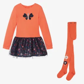 Girls Orange Jersey Dress & Tights Set