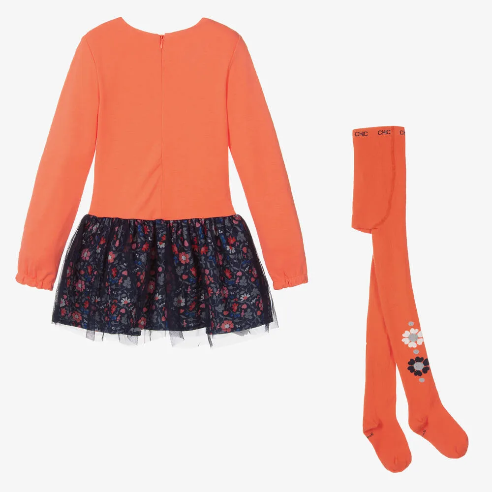 Girls Orange Jersey Dress & Tights Set