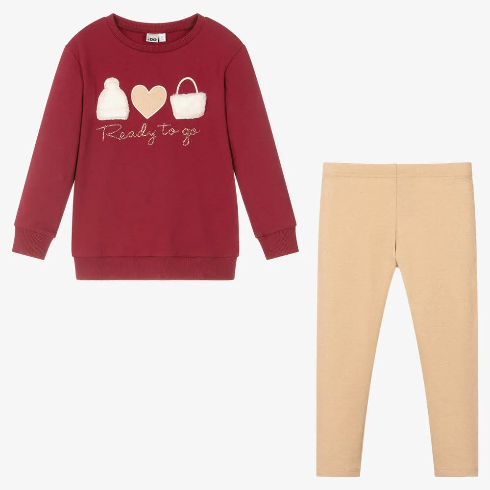 Girls Red & Beige Leggings Set