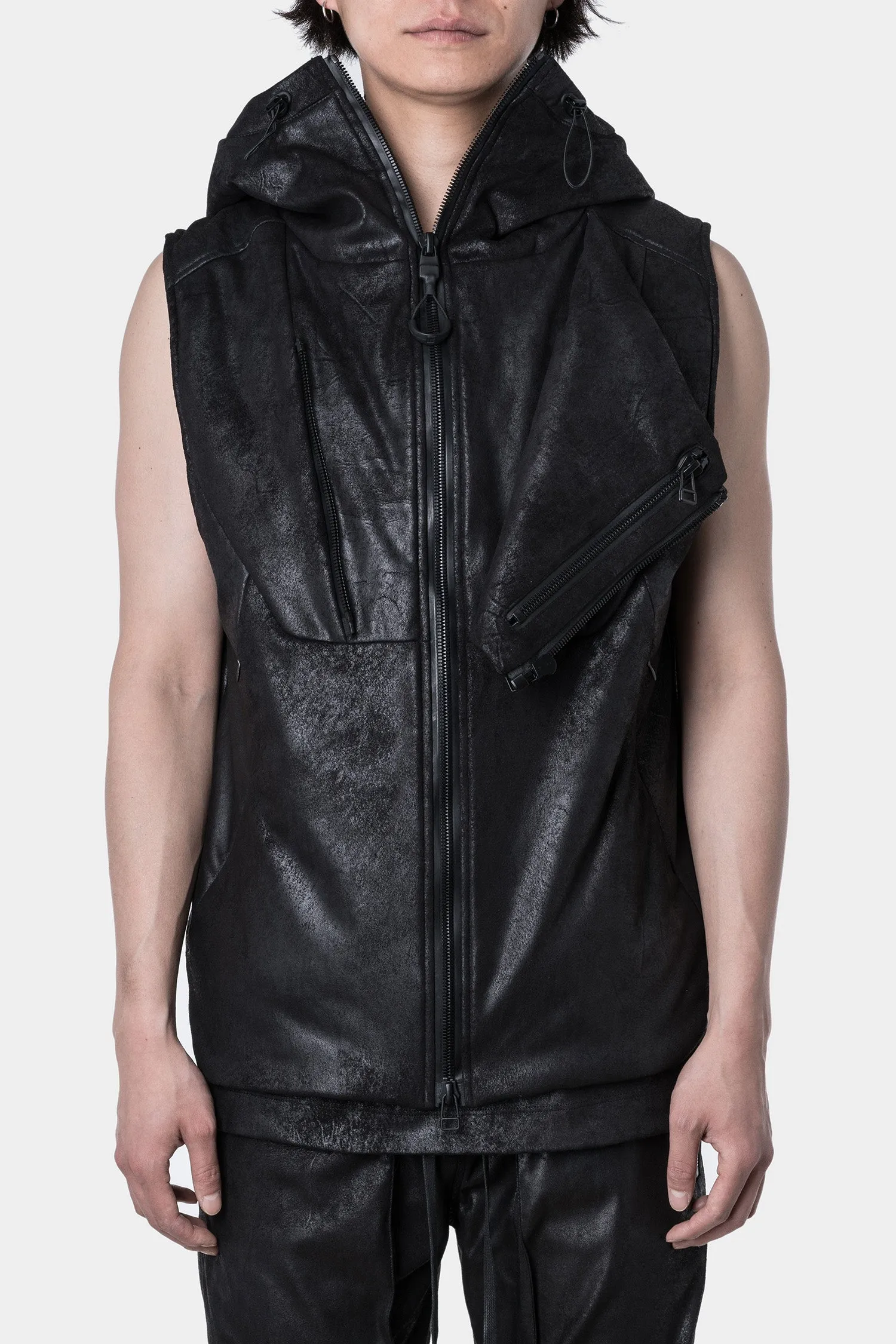 Hooded vegan leather vest