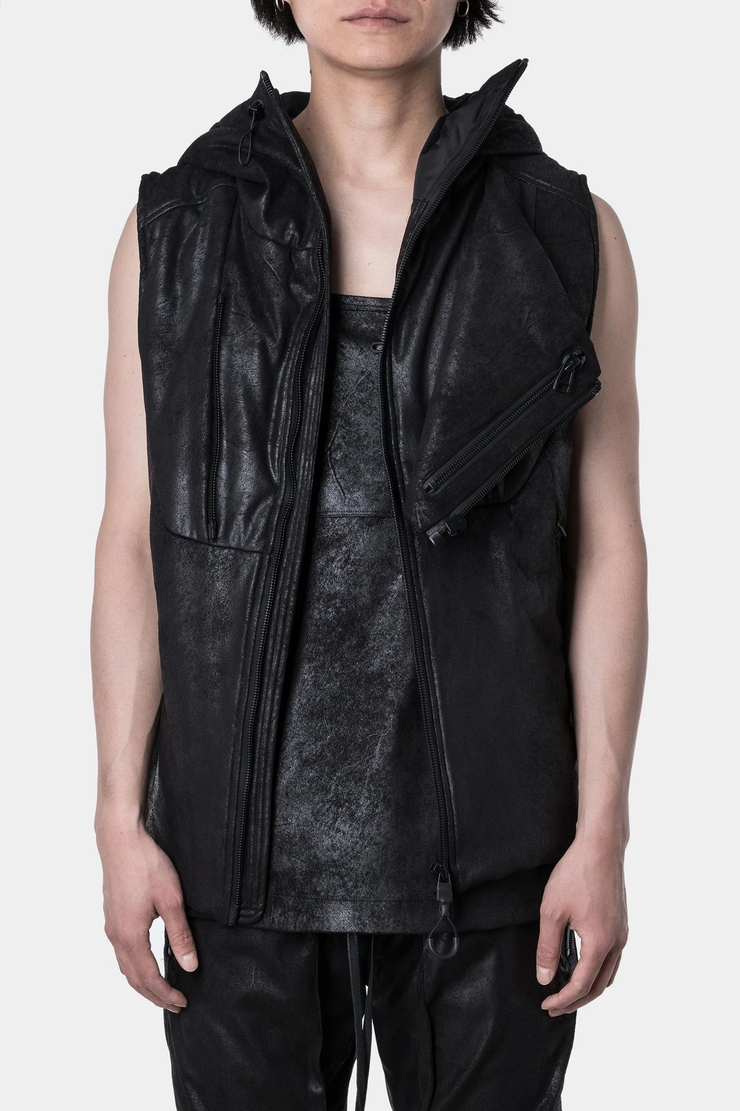 Hooded vegan leather vest