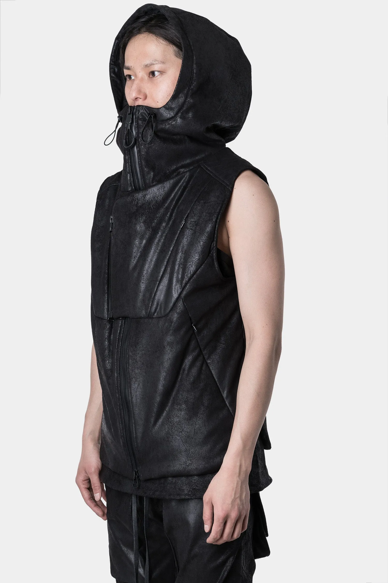 Hooded vegan leather vest