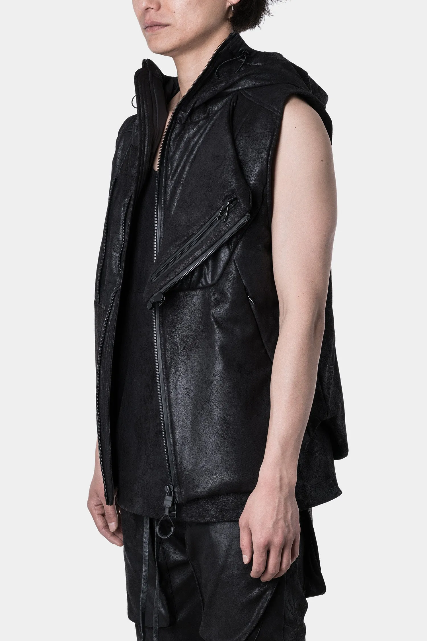 Hooded vegan leather vest