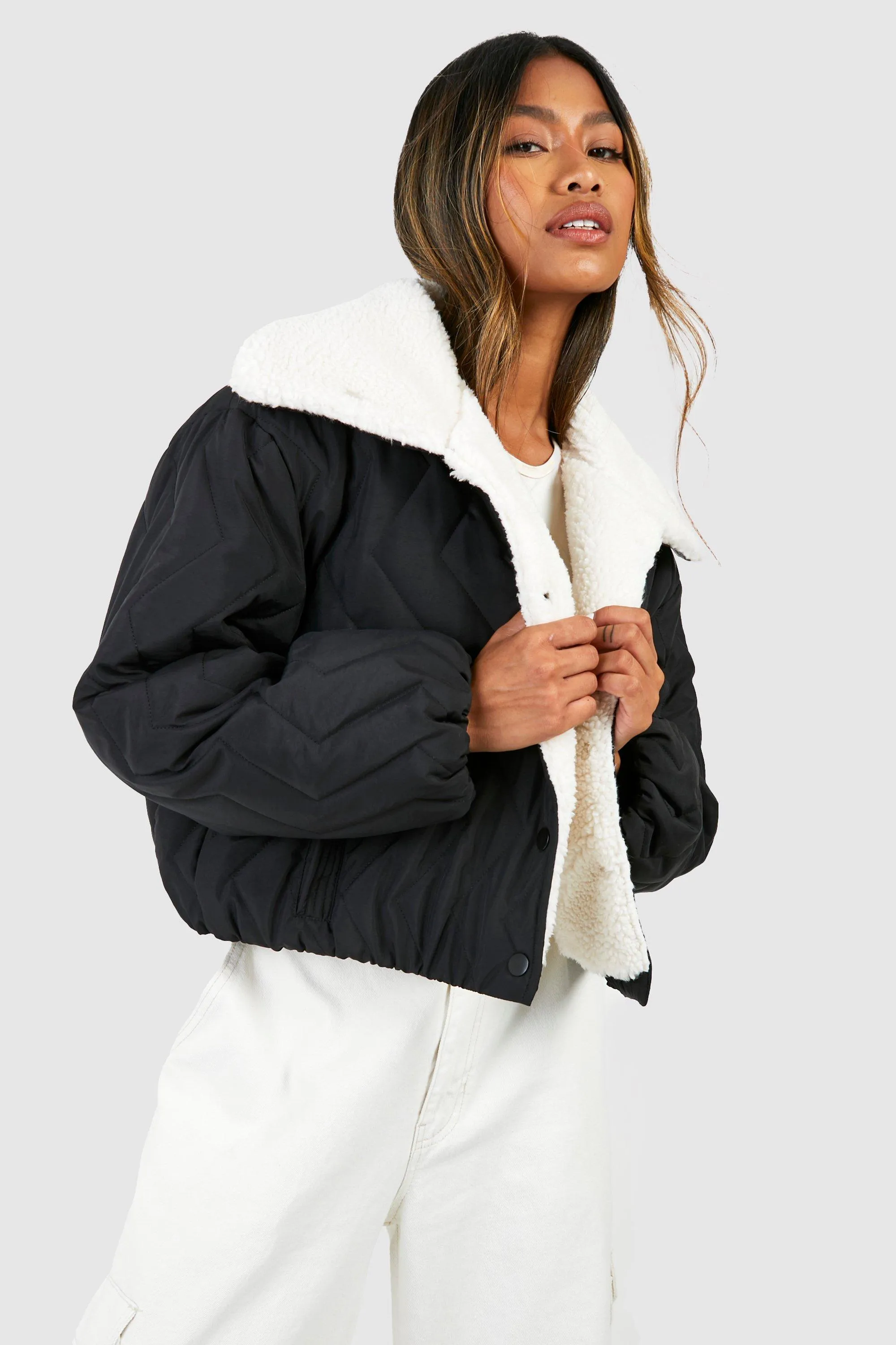 Jackets & Coats | Teddy Trim Quilted Puffer Jacket | boohoo