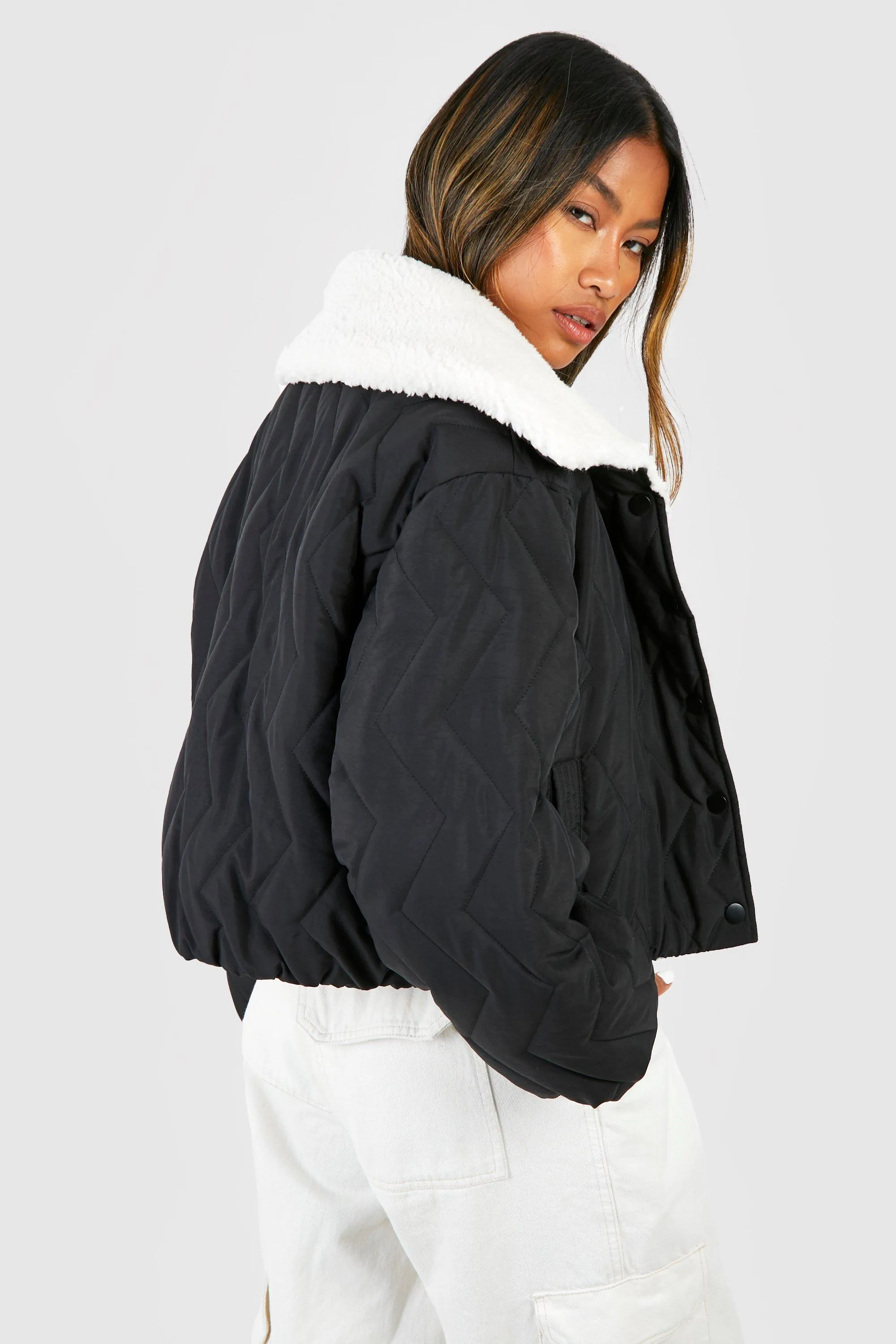 Jackets & Coats | Teddy Trim Quilted Puffer Jacket | boohoo