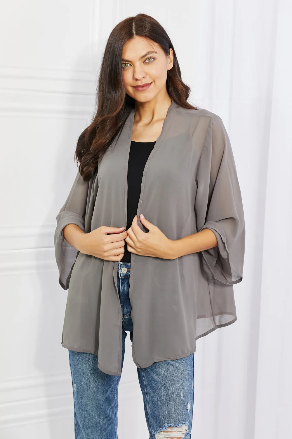 Just Breathe Full Size Chiffon Kimono in Grey