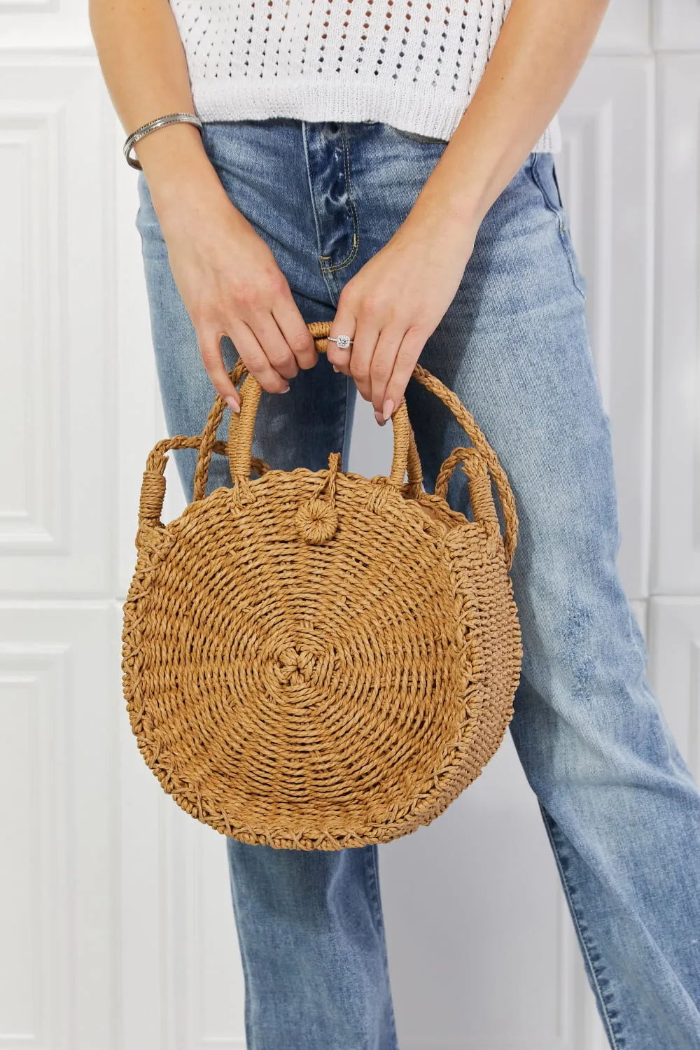 Justin Taylor Feeling Cute Rounded Rattan Handbag in Camel