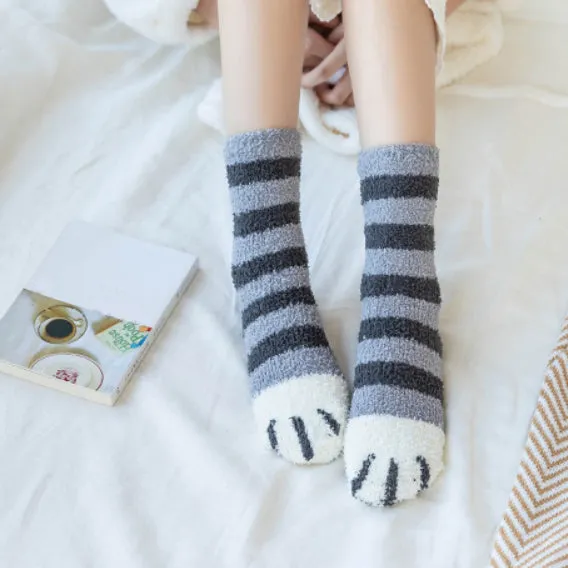 Kawaii Cute Room Socks - Cat Paws Grey Stripes