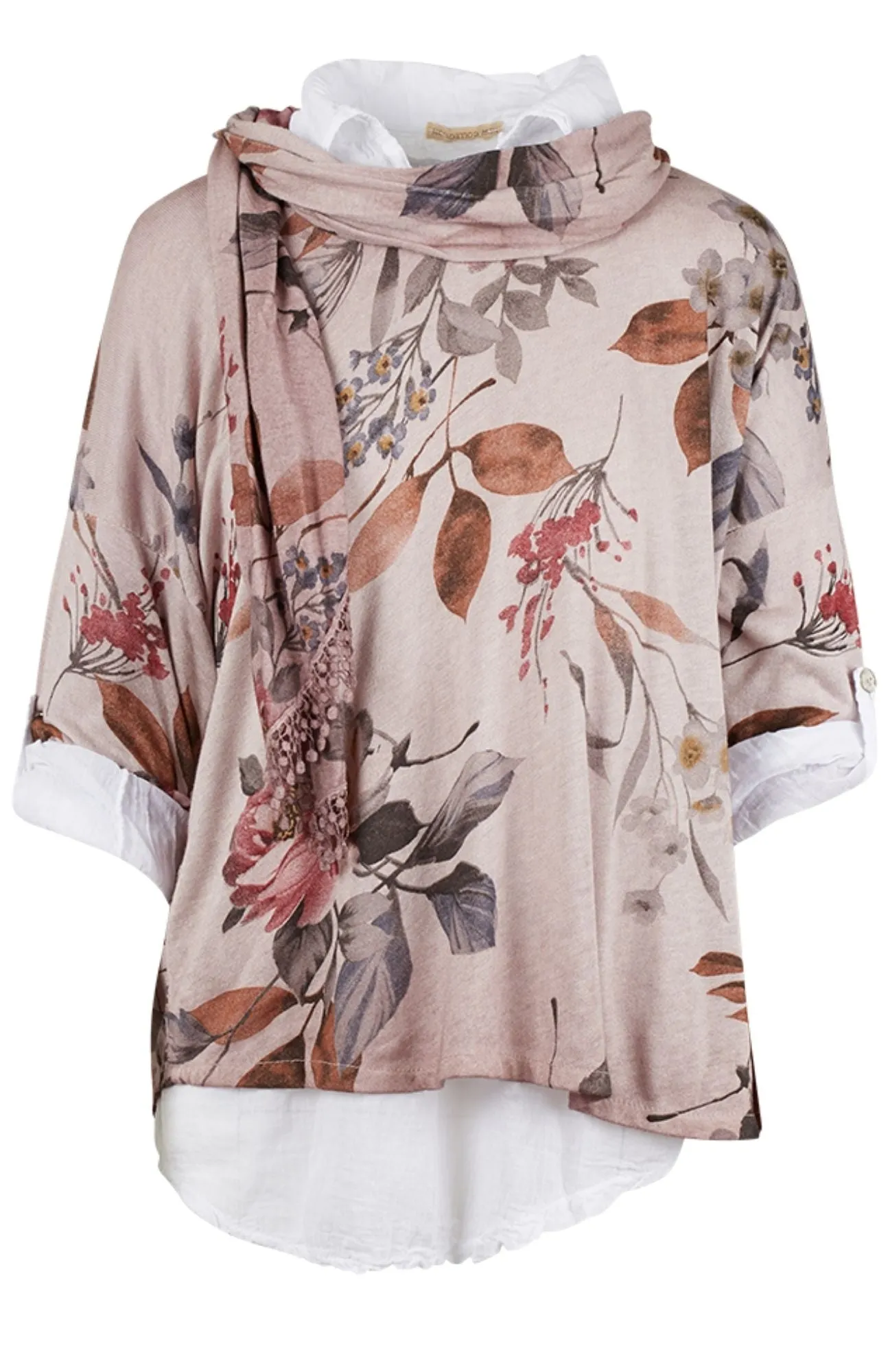 Layered Floral 3-Piece Blouse with Scarf Plus Size