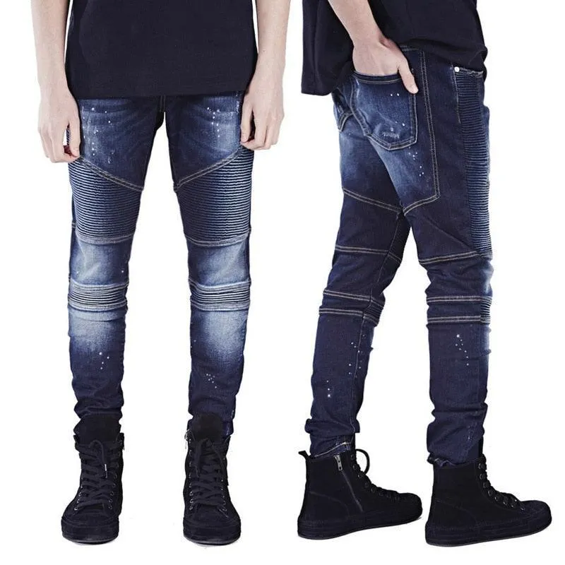 Men's Runway Skinny Biker Jeans with Slim Racer Style and Stretch