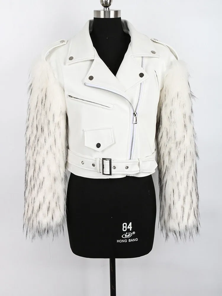 Motorcycle Jackets Winter Thick Warm Cool Short White Leather Biker Jacket with Faux Fur Inside and Long Sleeve Runway Designer 