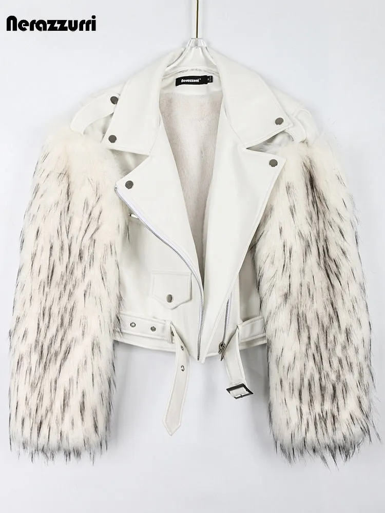 Motorcycle Jackets Winter Thick Warm Cool Short White Leather Biker Jacket with Faux Fur Inside and Long Sleeve Runway Designer 