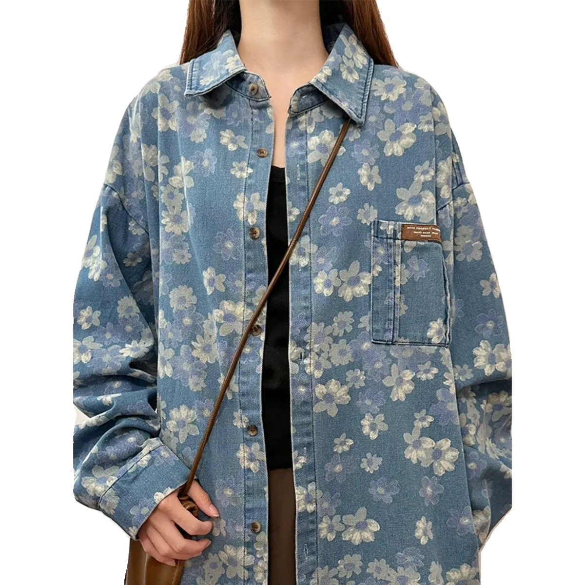 New spring American retro floral denim shirt women's long-sleeved loose versatile casual jacket trendy