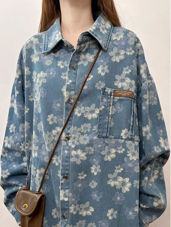 New spring American retro floral denim shirt women's long-sleeved loose versatile casual jacket trendy