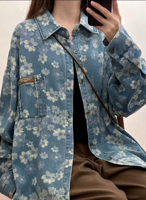 New spring American retro floral denim shirt women's long-sleeved loose versatile casual jacket trendy