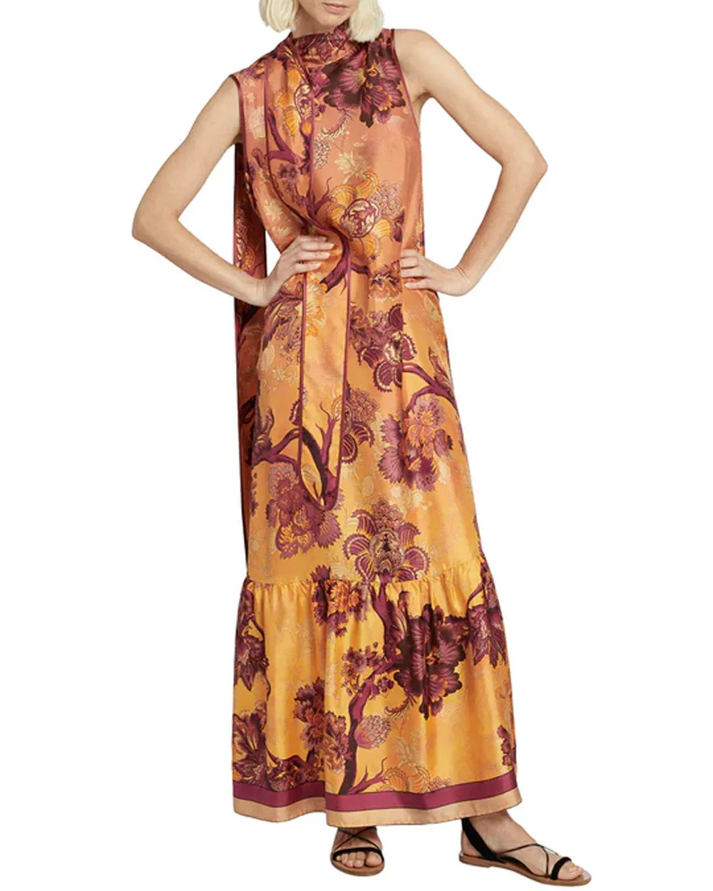 Orange Flower Print Scarf Neck Edilogo Dress