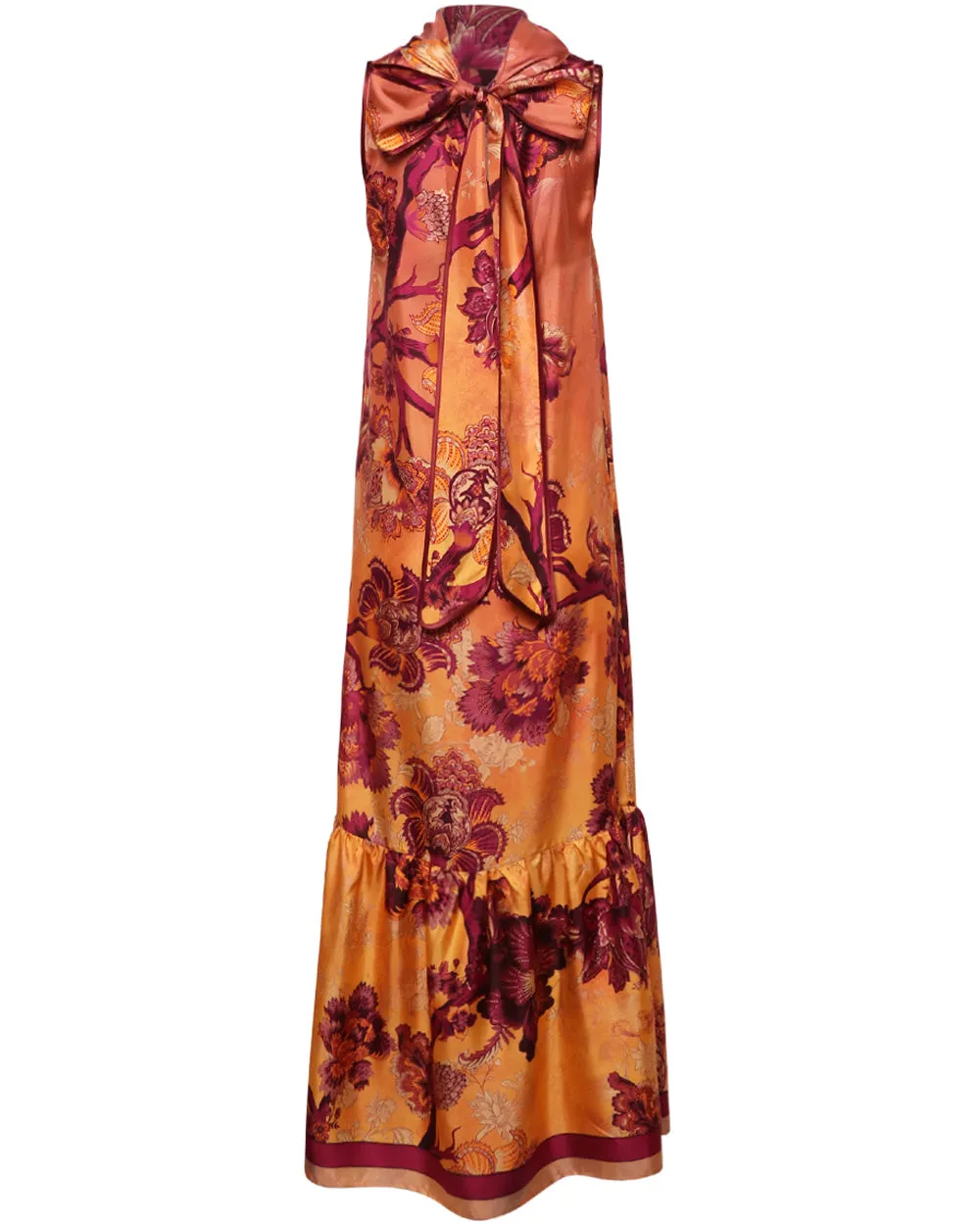 Orange Flower Print Scarf Neck Edilogo Dress