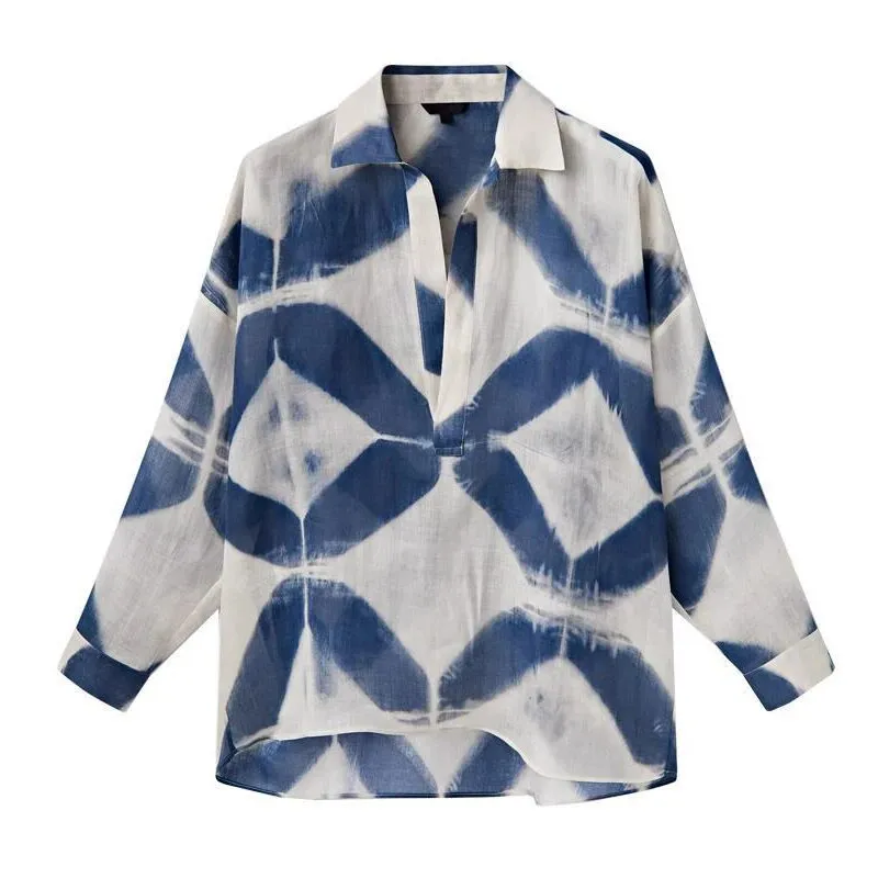 Polo Collar Blue Printed Tie Dyed Women's Shirt Autumn Long Sleeve