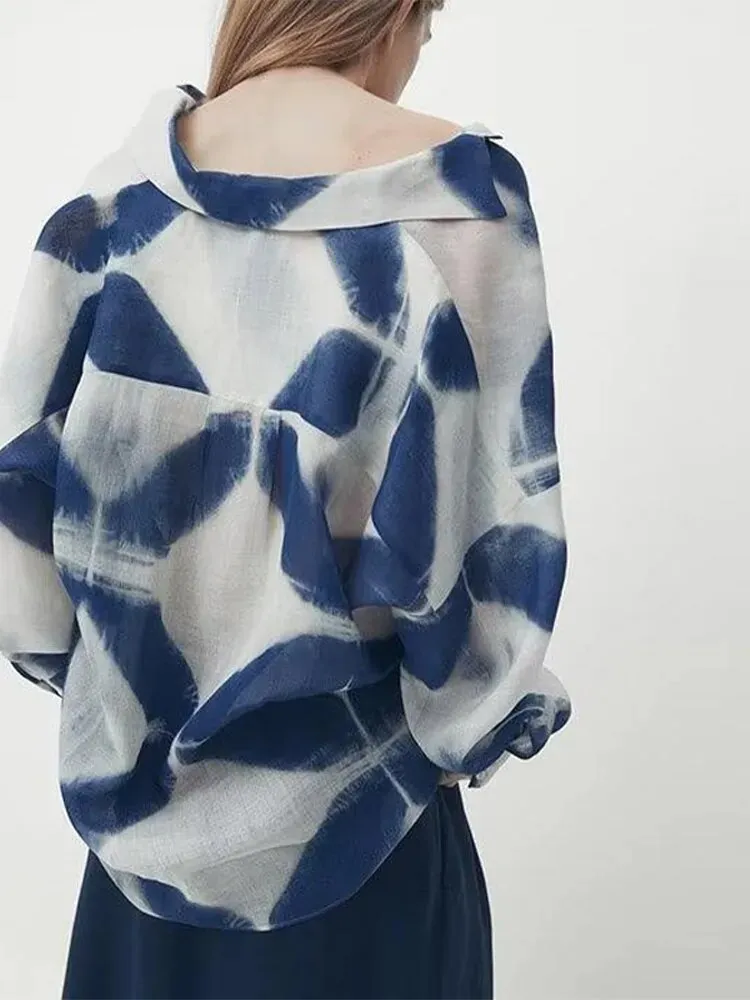 Polo Collar Blue Printed Tie Dyed Women's Shirt Autumn Long Sleeve