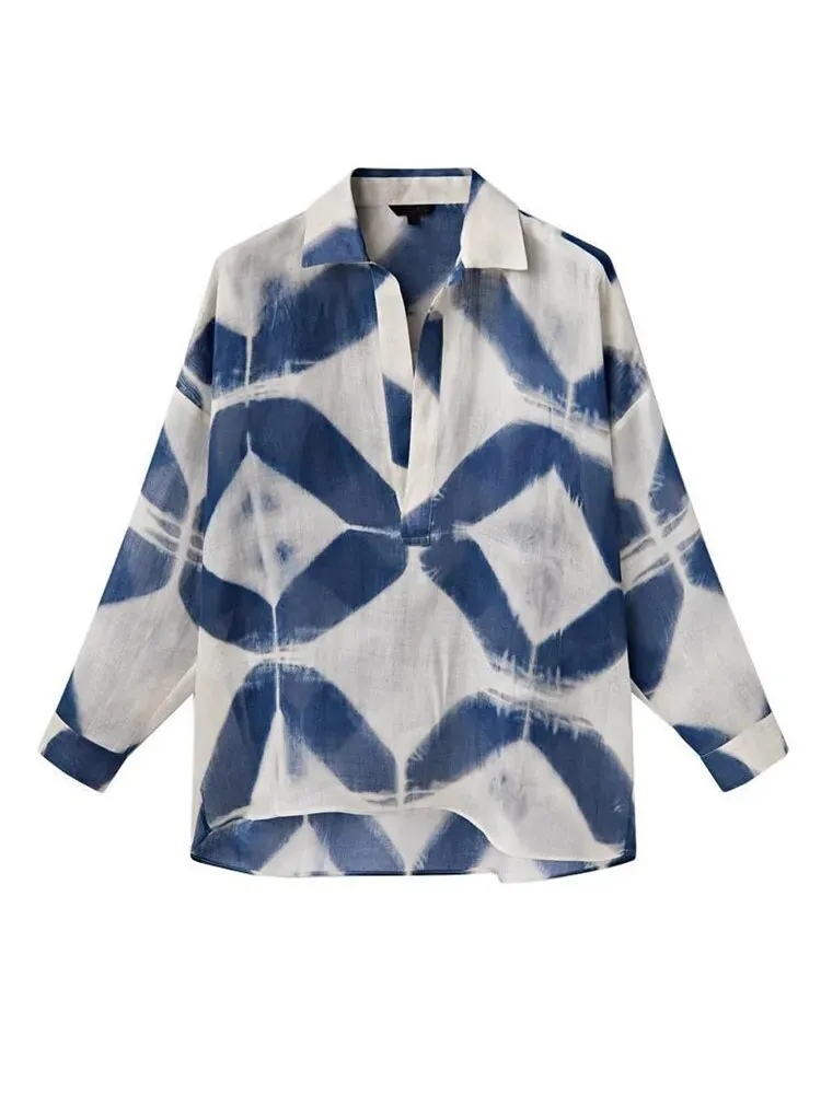 Polo Collar Blue Printed Tie Dyed Women's Shirt Autumn Long Sleeve