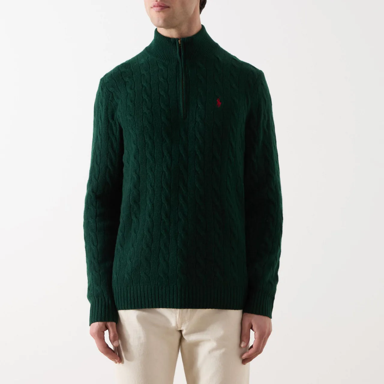 POLO RALPH LAUREN Logo Half-Zip Cable Knit Sweater - Dark Green