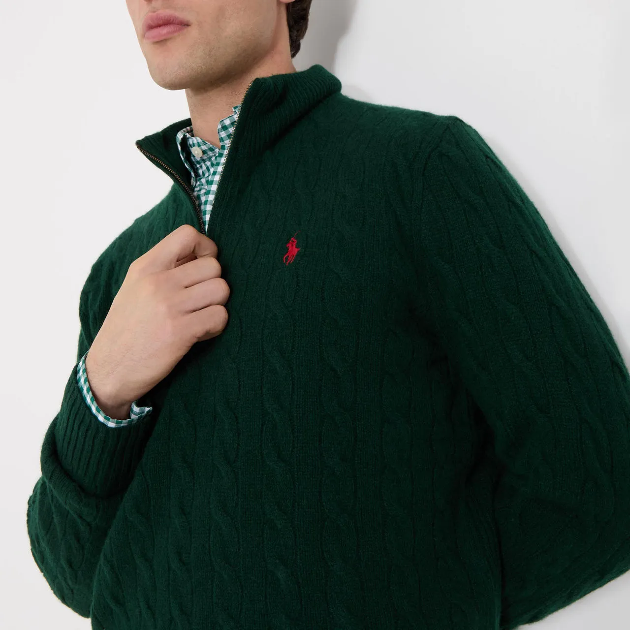 POLO RALPH LAUREN Logo Half-Zip Cable Knit Sweater - Dark Green