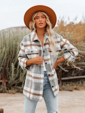 Shacket Khaki Turndown Collar Button Plaid Overshirt Jacket Casual Relaxed Fit Spring Fall Outerwear For Women