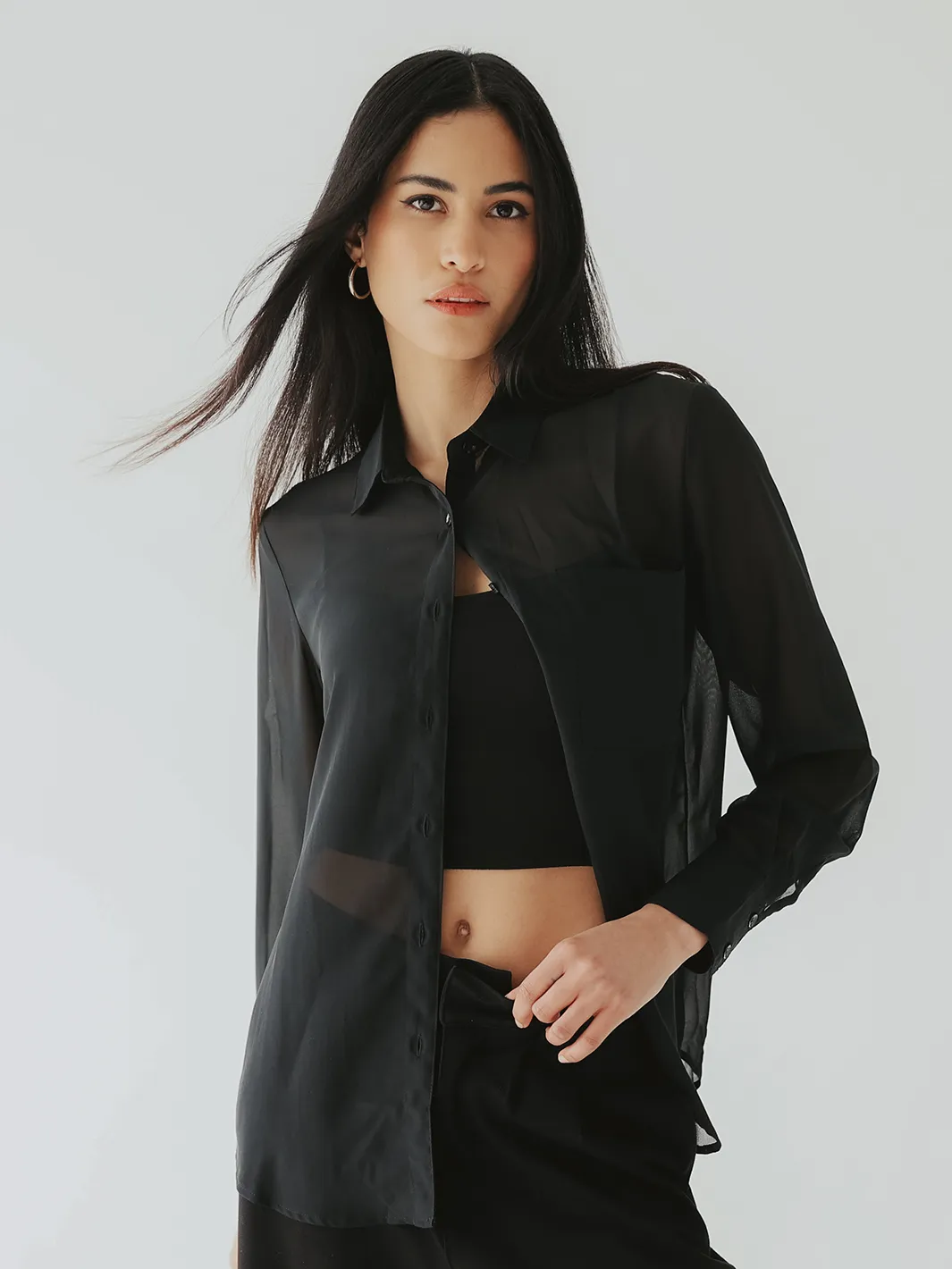 Sheer Long Sleeve Button Up