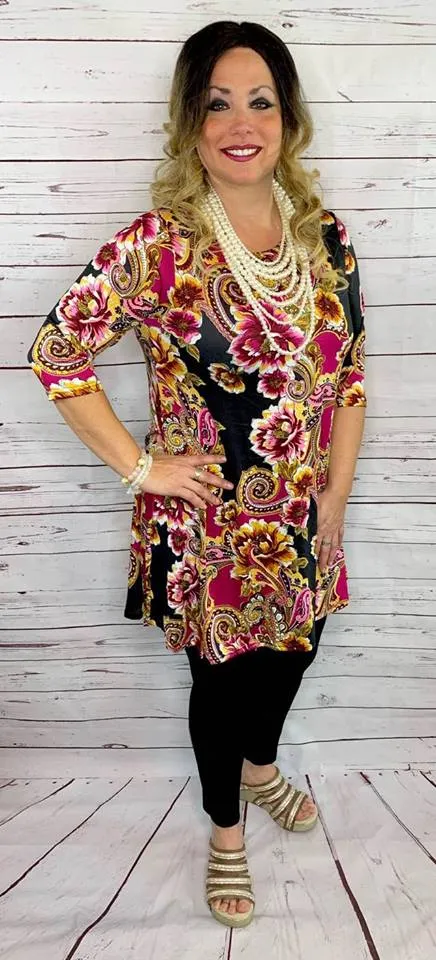 SMALL: Magenta Floral & Black Flutter Tunic