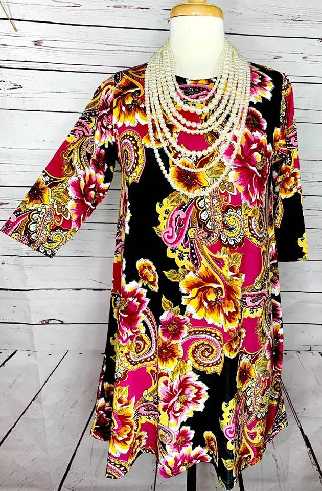 SMALL: Magenta Floral & Black Flutter Tunic