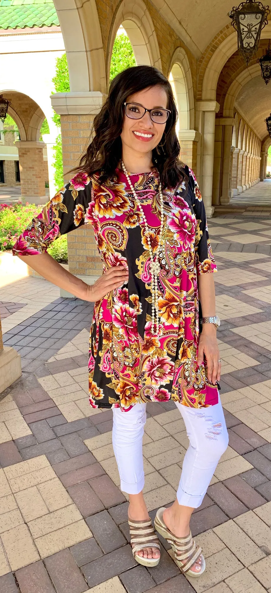 SMALL: Magenta Floral & Black Flutter Tunic