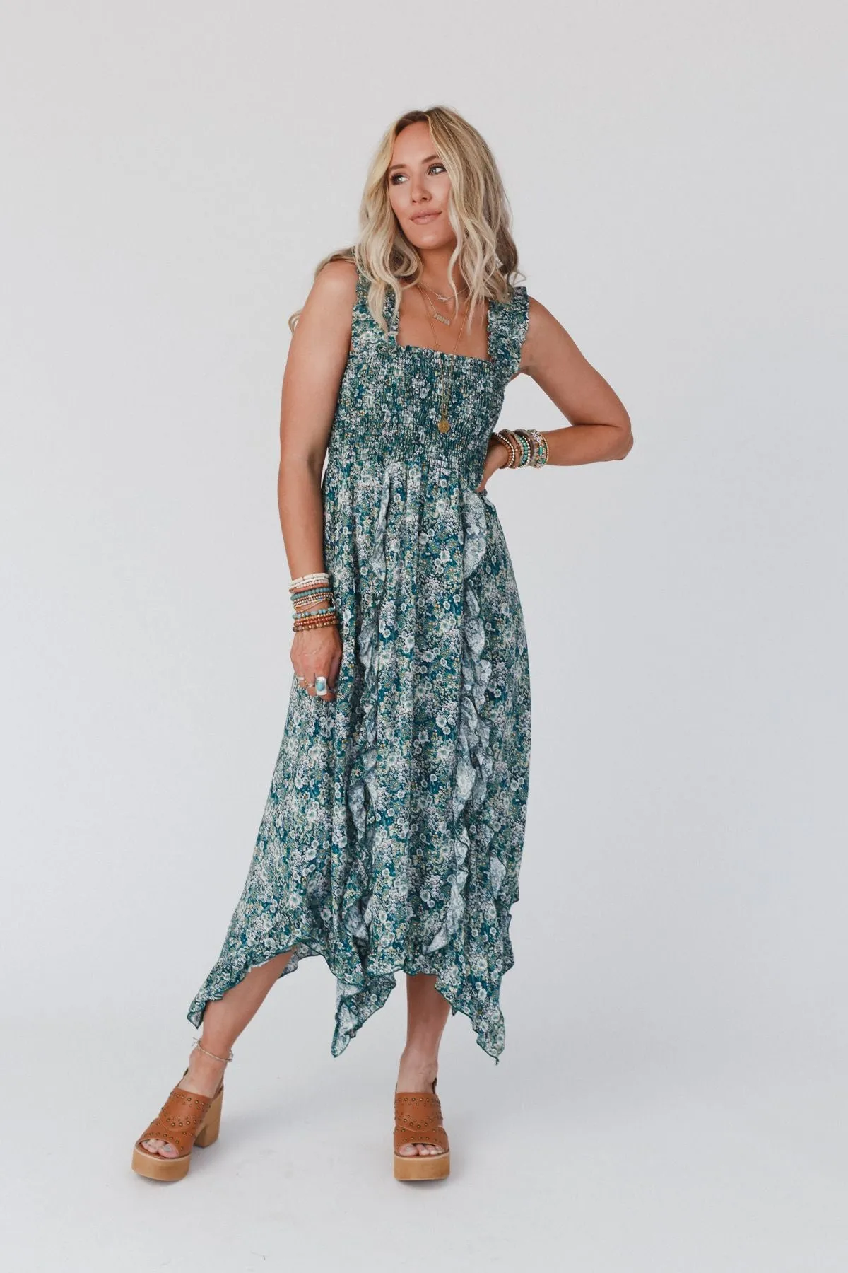 Smitten Smocked Ruffle Maxi Dress - Green