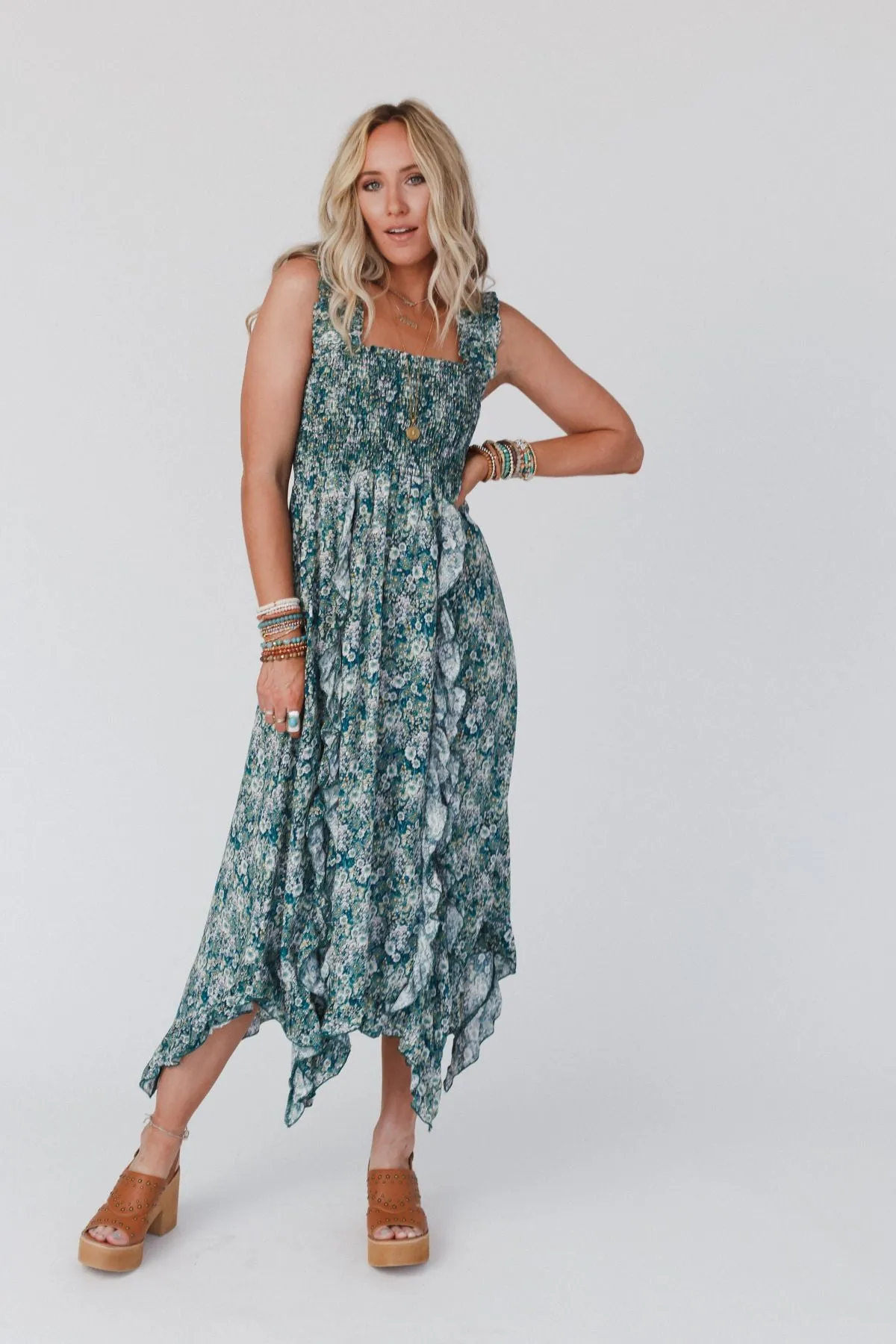 Smitten Smocked Ruffle Maxi Dress - Green