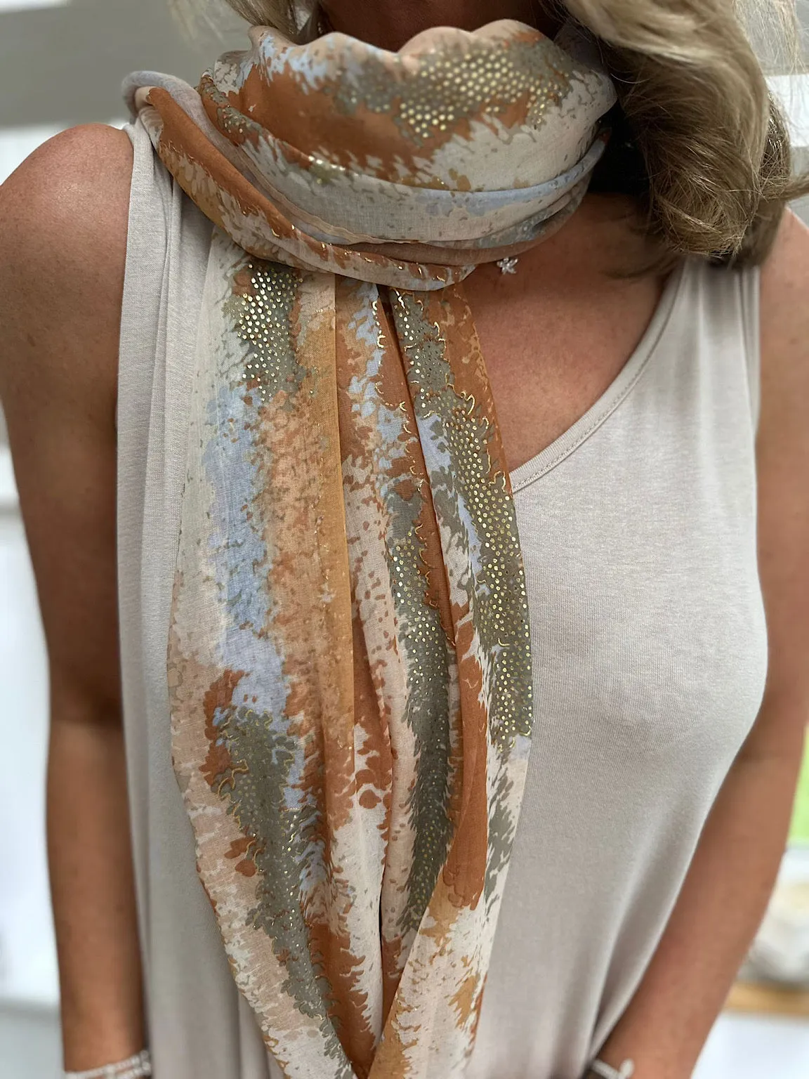 Tan Gold Accent Blended Stripe Scarf