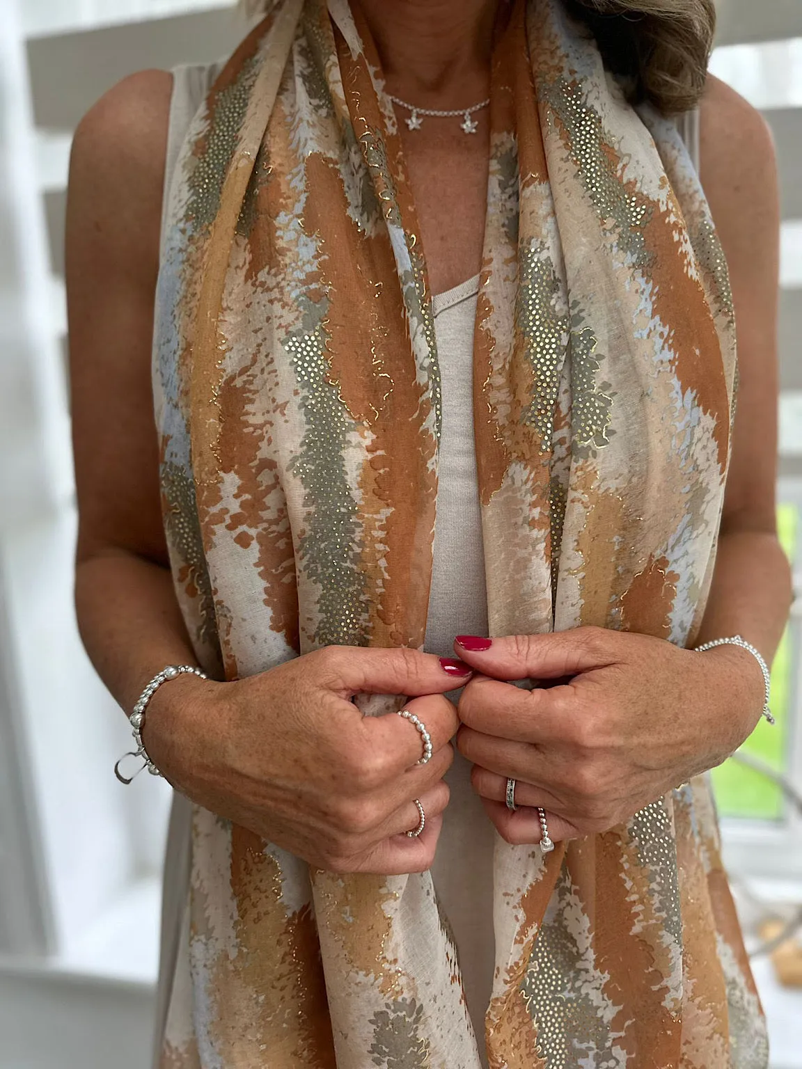 Tan Gold Accent Blended Stripe Scarf